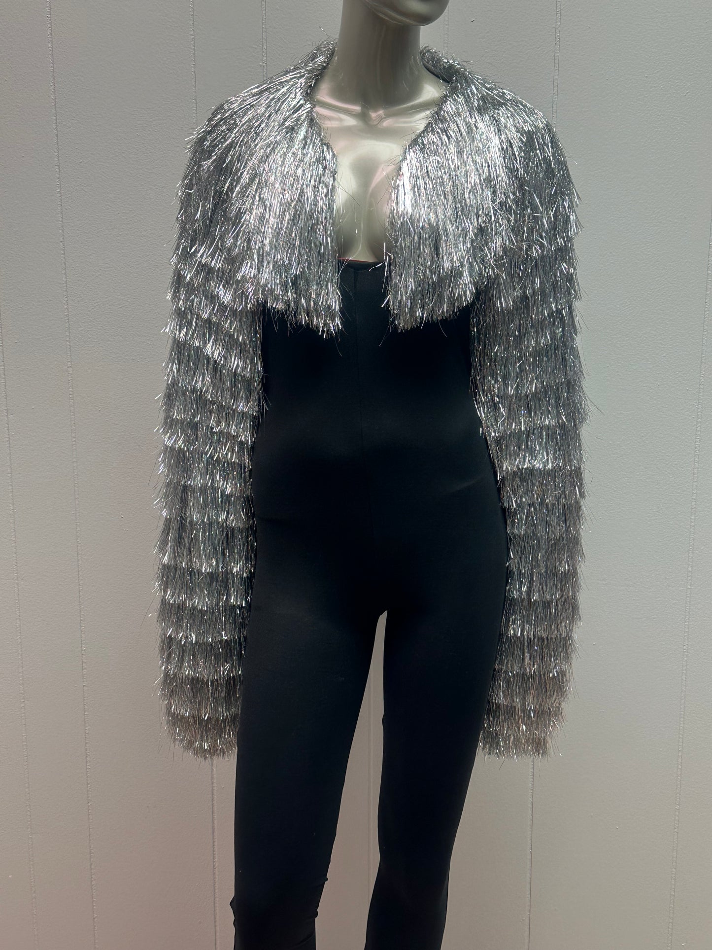 Meet Me Silver Metallic Tinsel Fringe Bolero Jacket