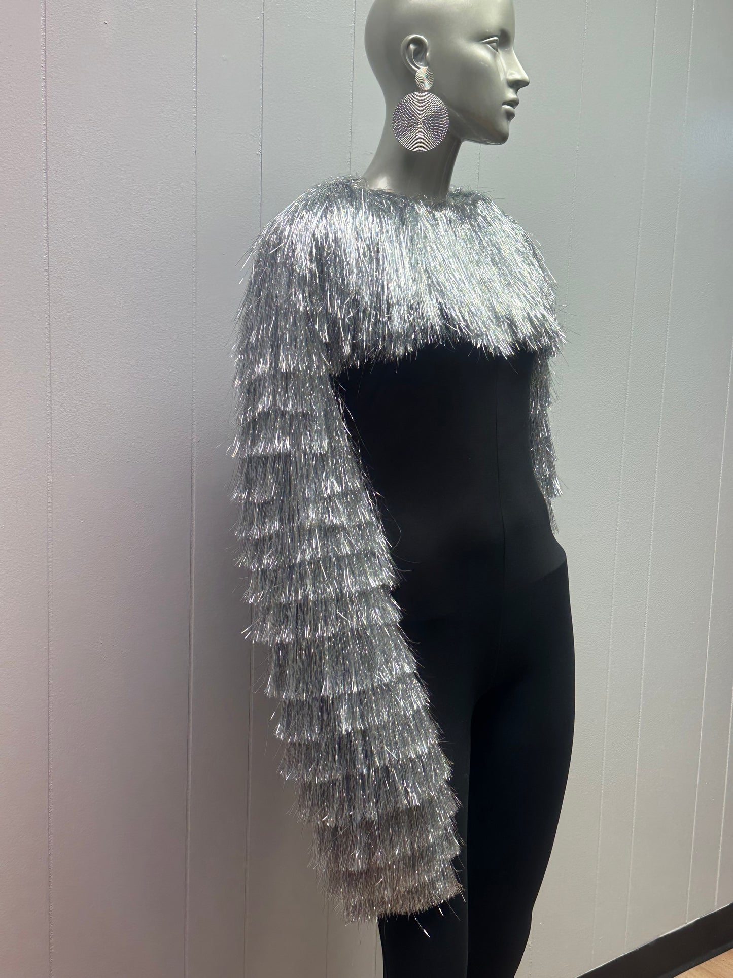 Meet Me Silver Metallic Tinsel Fringe Bolero Jacket