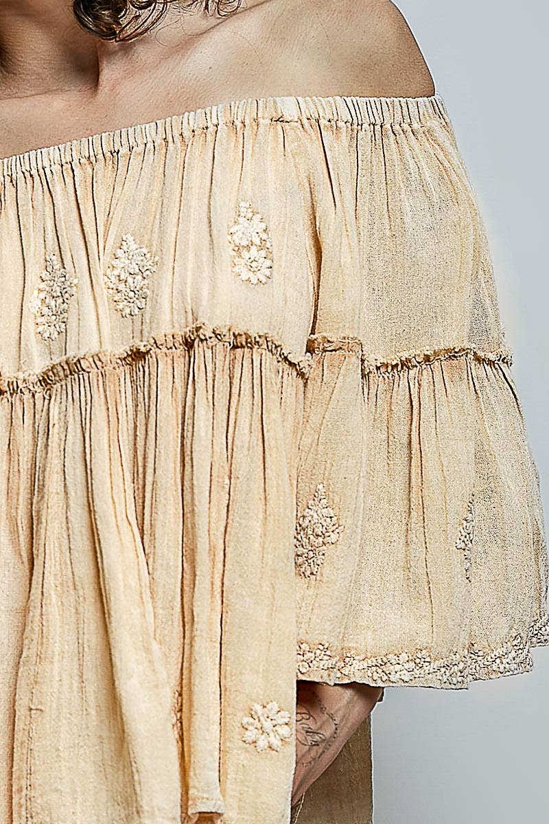 Off Shoulder Bell Sleeves Floral Embroidery Cotton Top