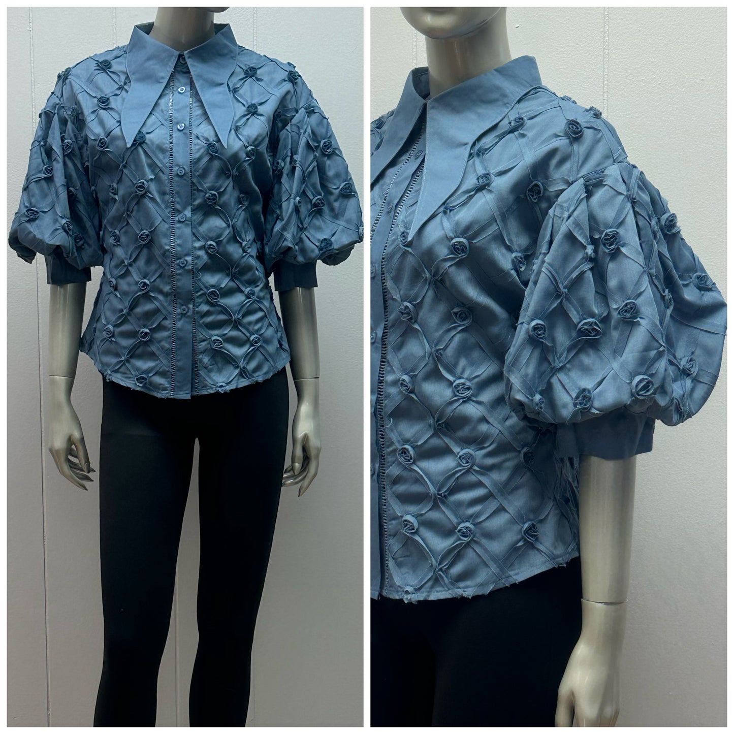 Rose Bud Blue Puff Sleeves Pointed Collar Blouse