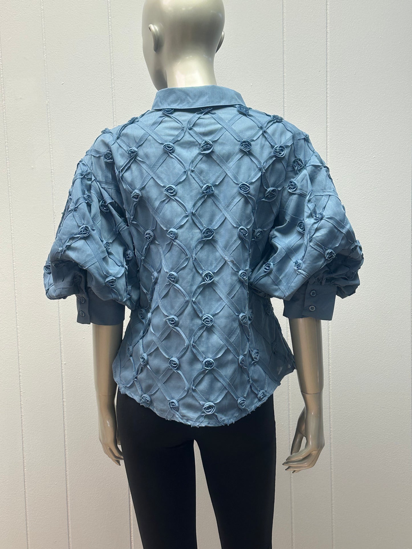 Rose Bud Blue Puff Sleeves Pointed Collar Blouse