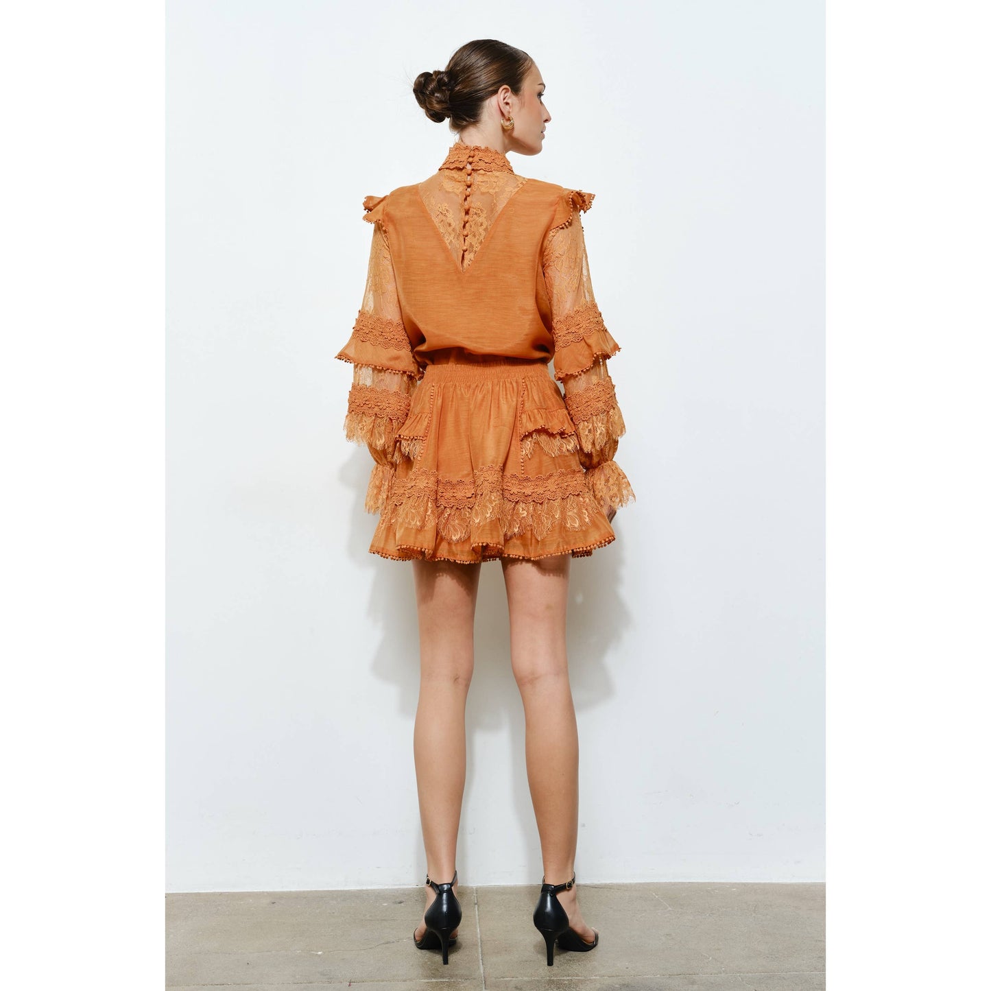 Floral Lace High-Neck Ruffle Sleeve Blouse