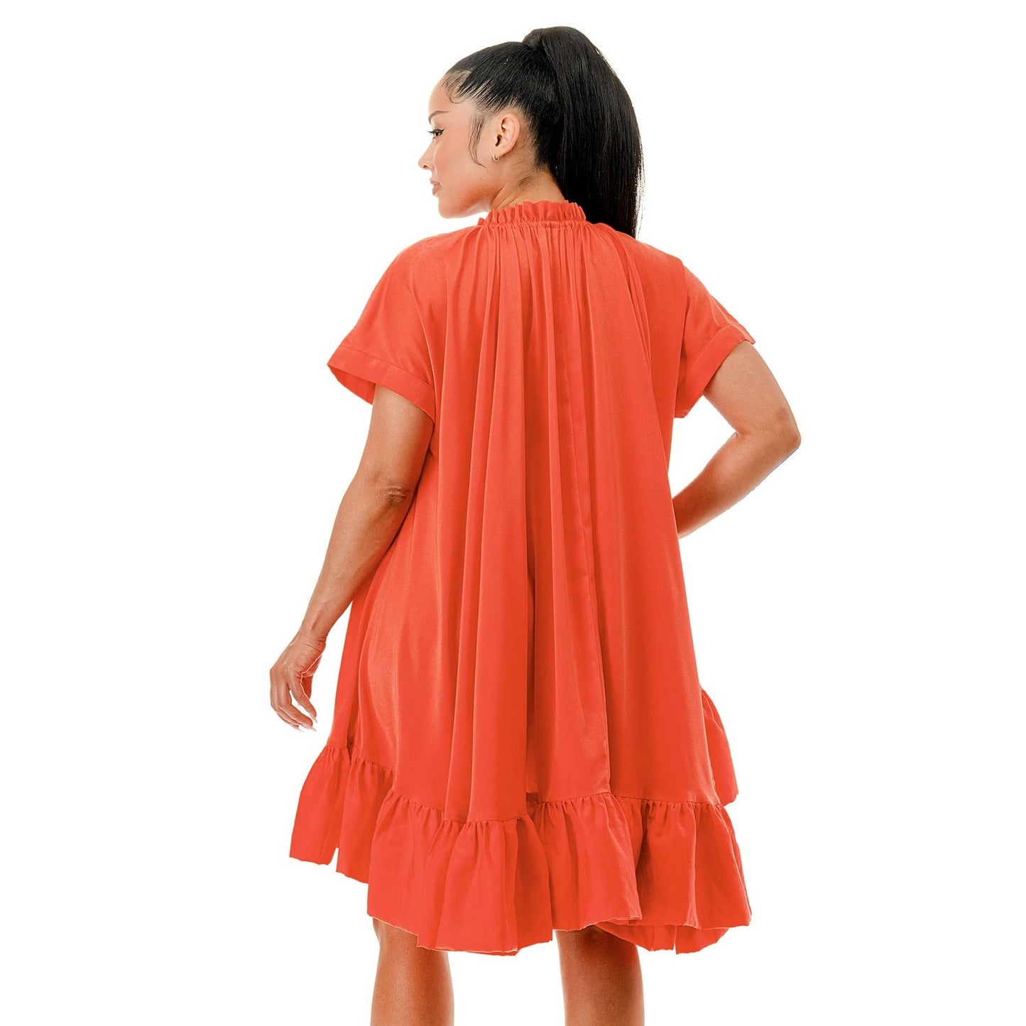 CAPE ESCAPE RUFFLE DRESS
PLUS