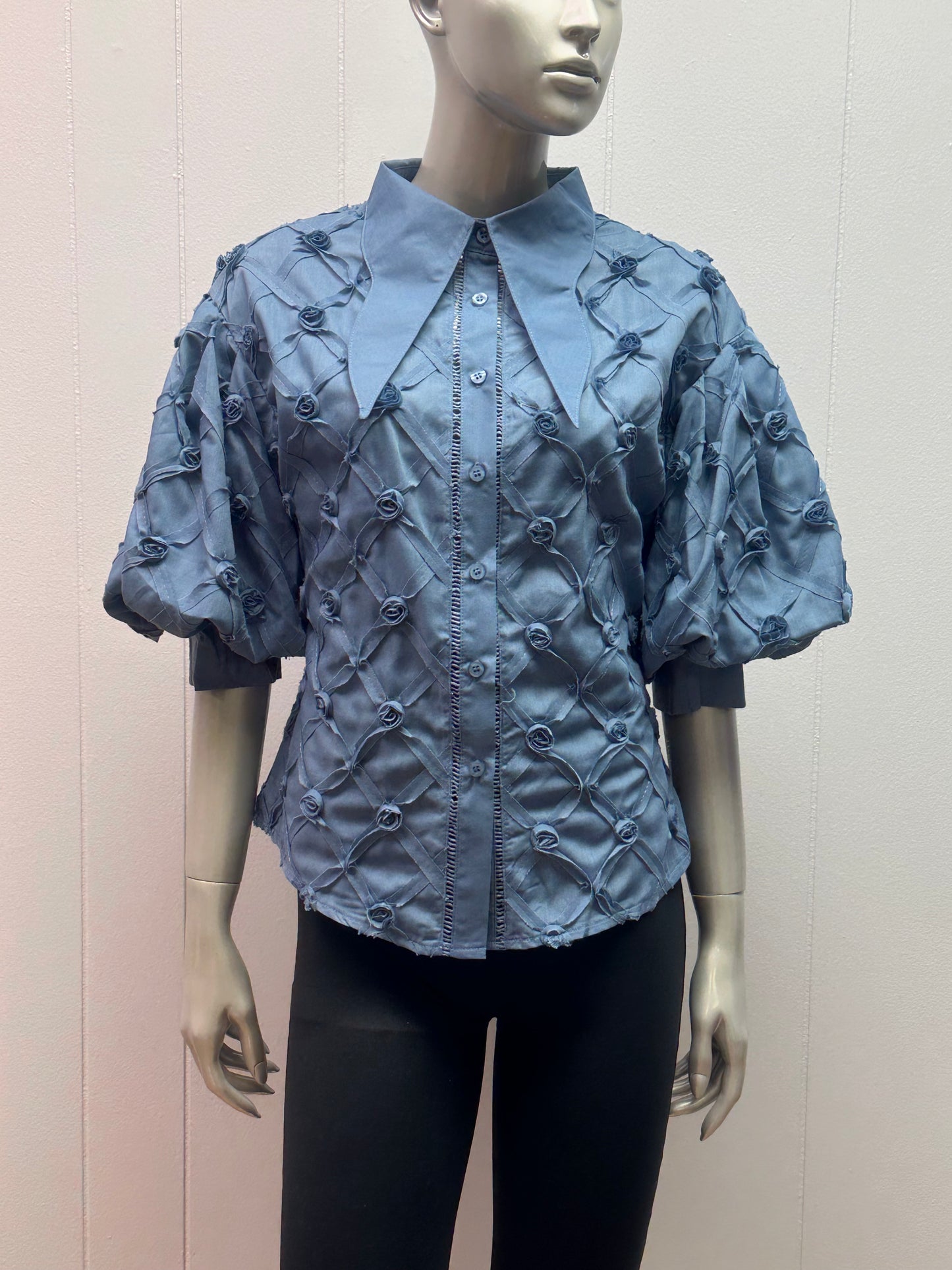 Rose Bud Blue Puff Sleeves Pointed Collar Blouse