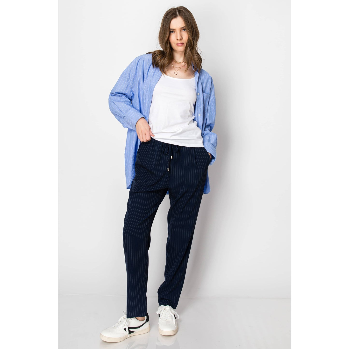 Beaded Drawstring Pinstripe Elastic Waist PANTS