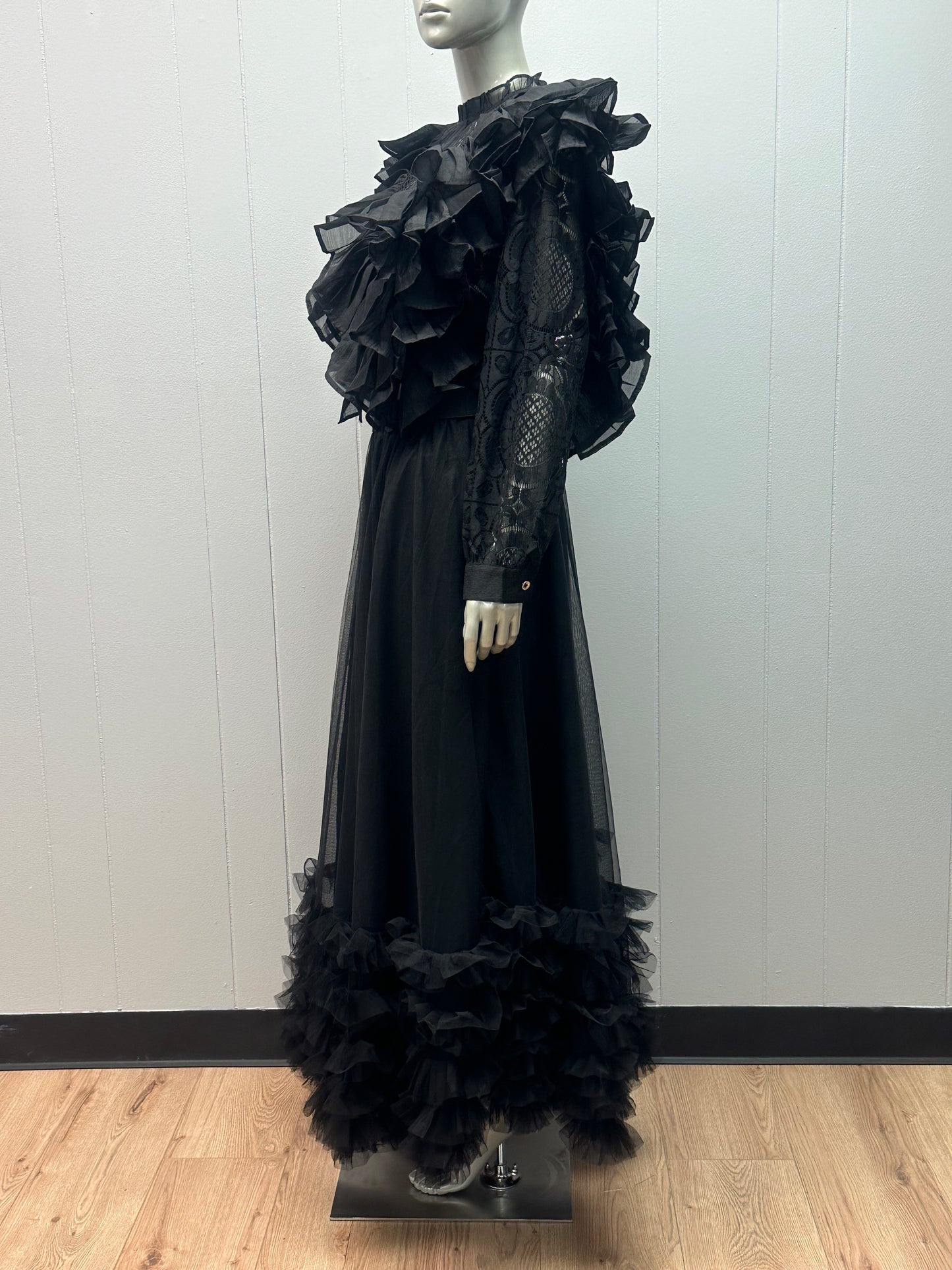 Midnight Romance Black Tiered Ruffle Embroidered Lace Top & Skirt Set