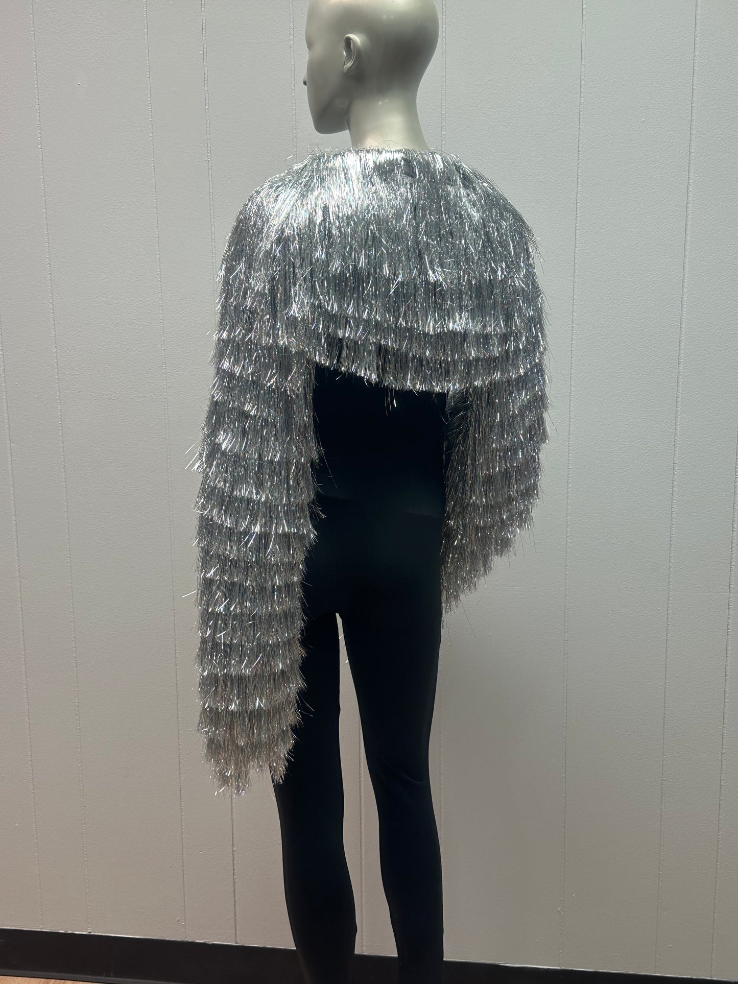 Meet Me Silver Metallic Tinsel Fringe Bolero Jacket