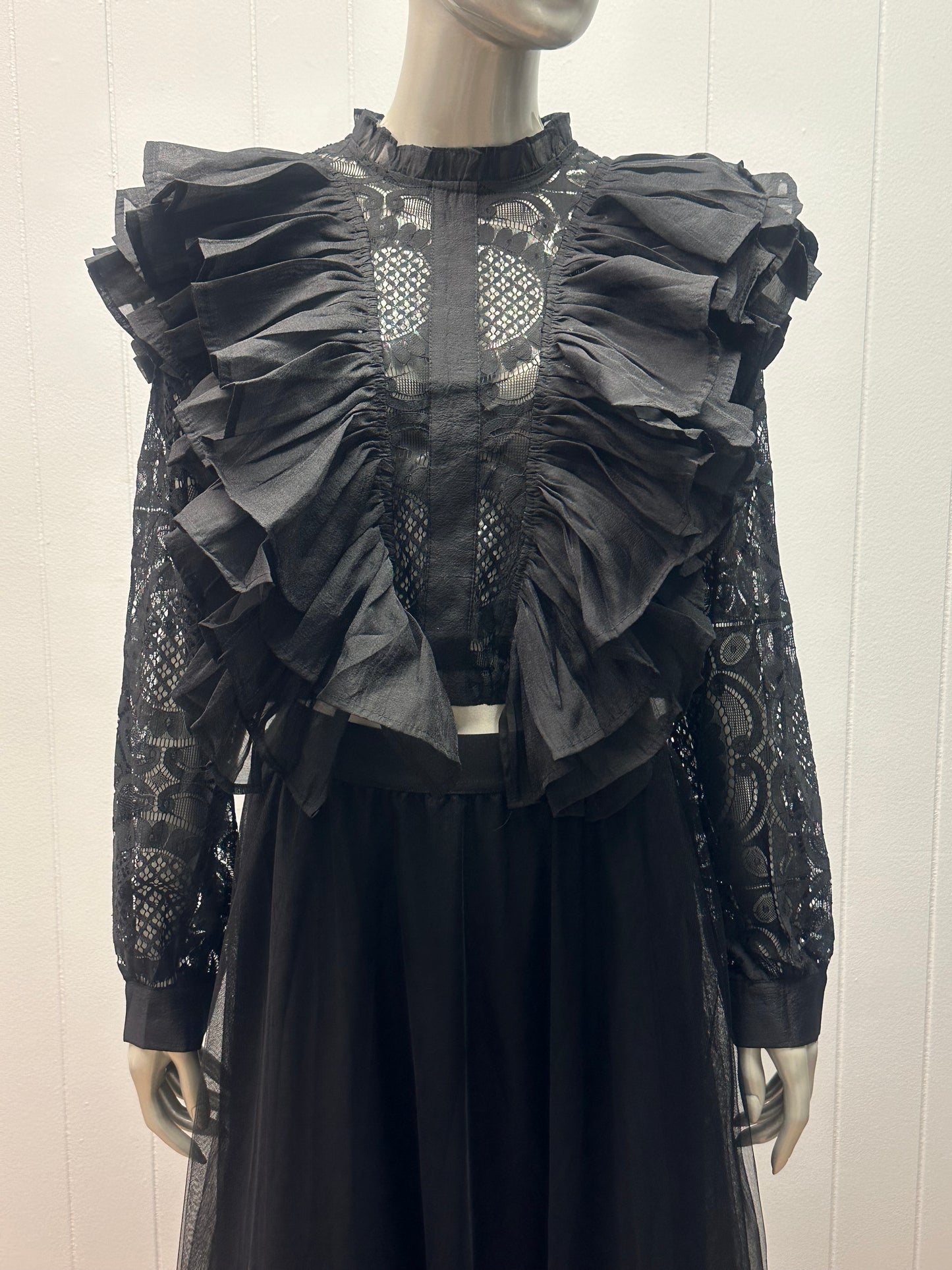 Midnight Romance Black Tiered Ruffle Embroidered Lace Top & Skirt Set