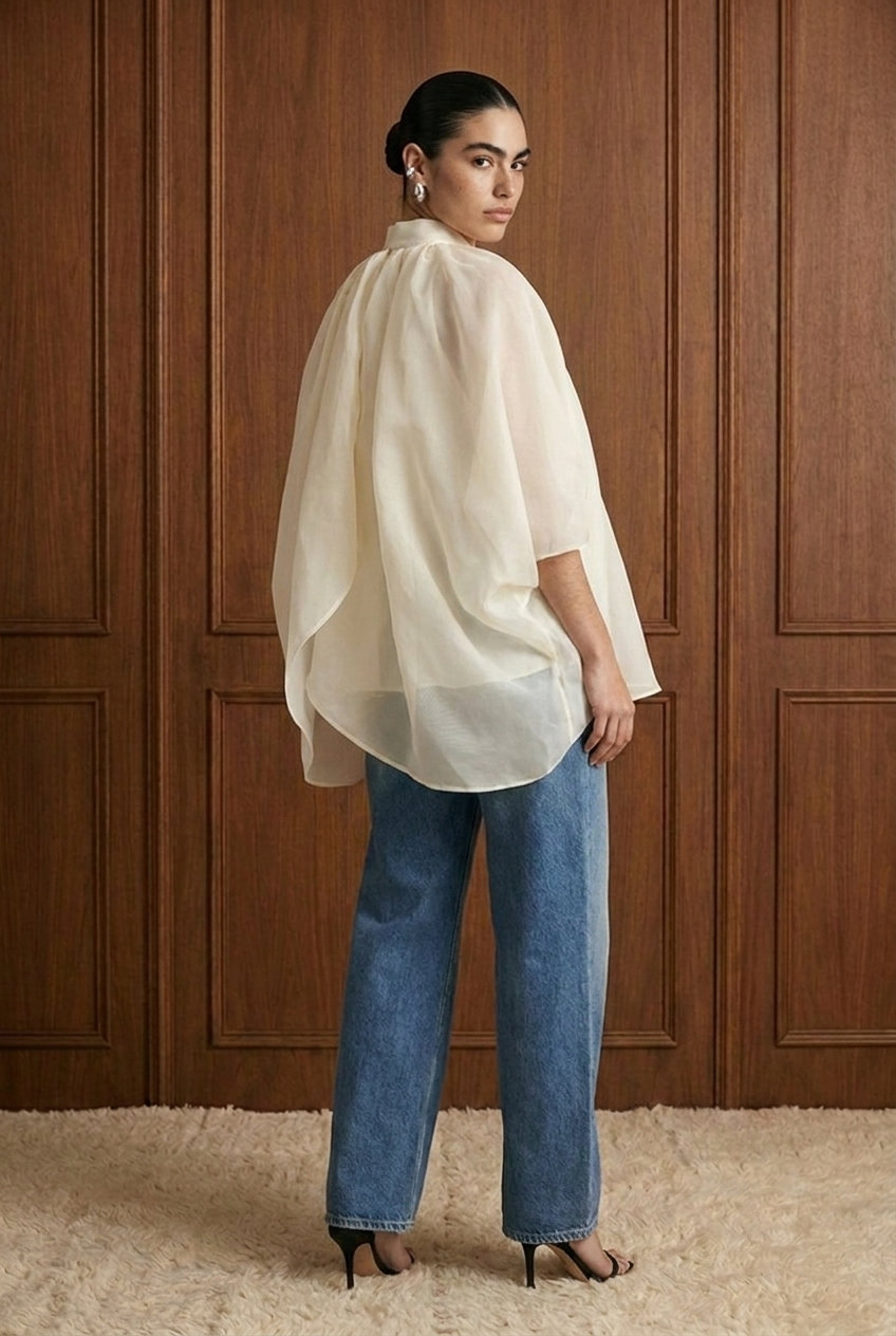 Oversized Sheer Tie-Neck Cape Blouse