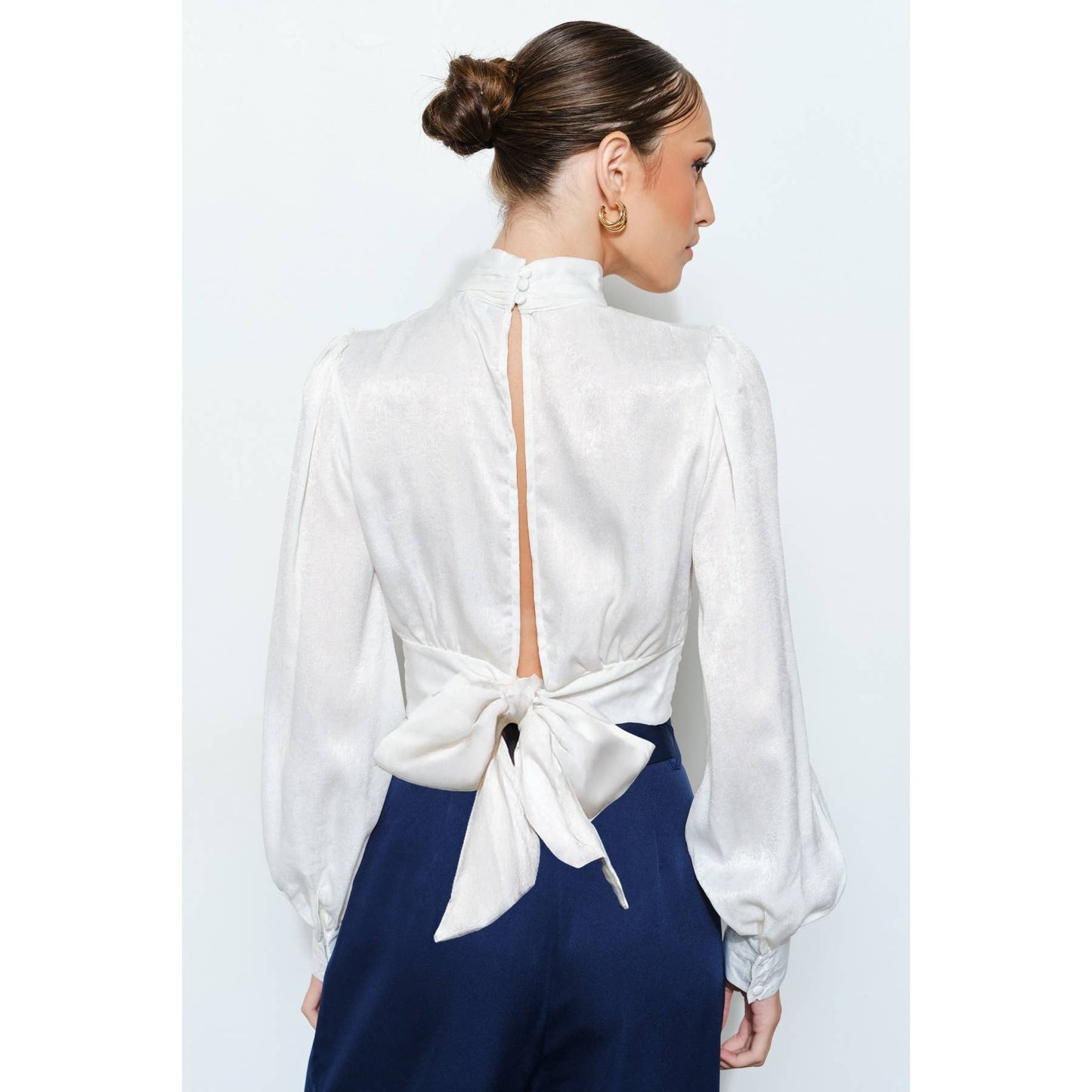 High Neck Satin Blouse with Open Back Tie