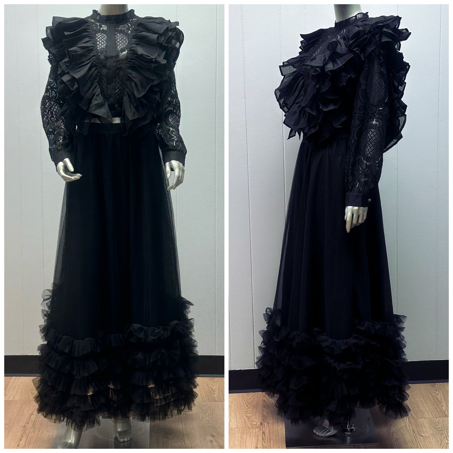 Midnight Romance Black Tiered Ruffle Embroidered Lace Top & Skirt Set