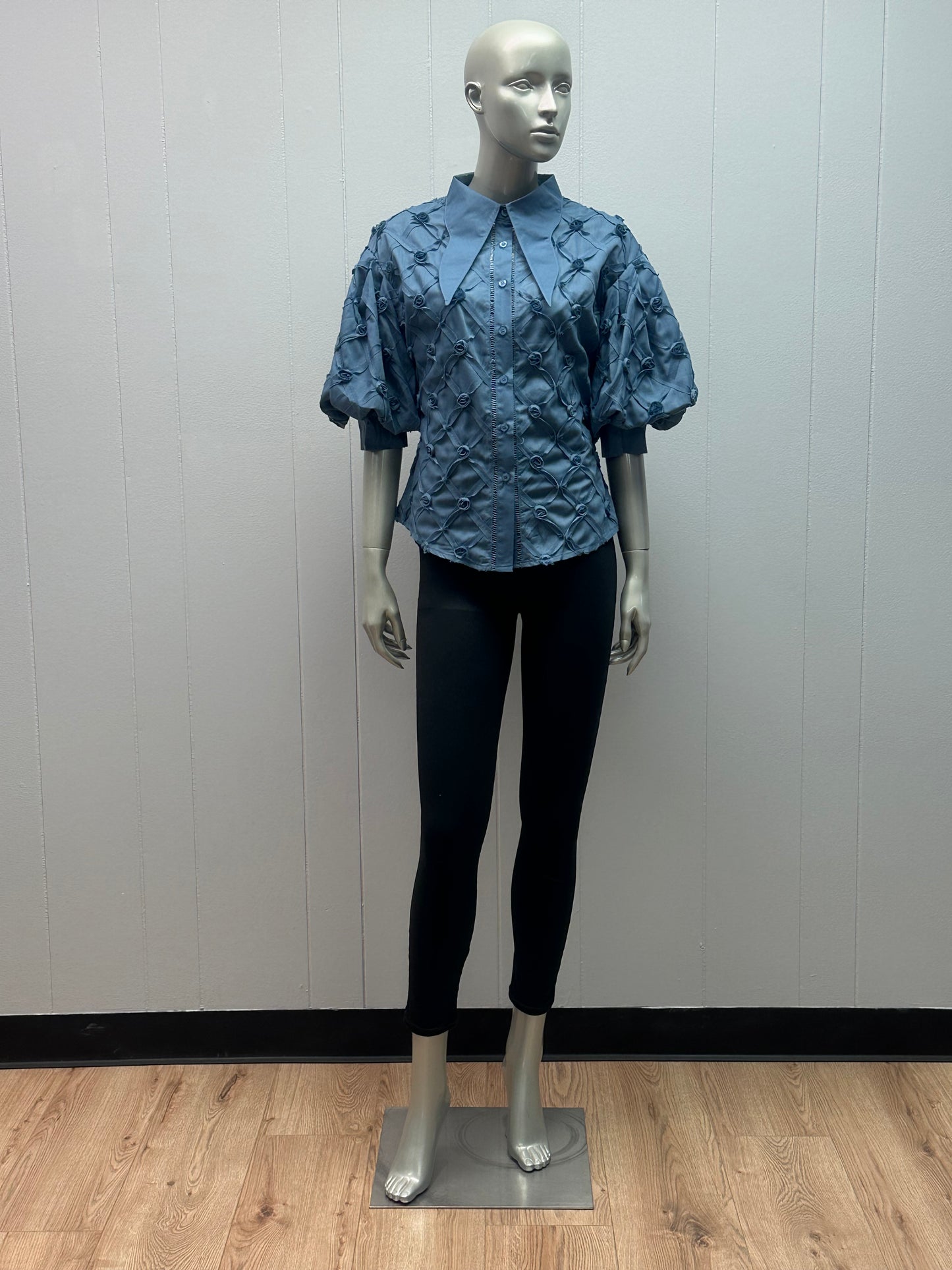 Rose Bud Blue Puff Sleeves Pointed Collar Blouse