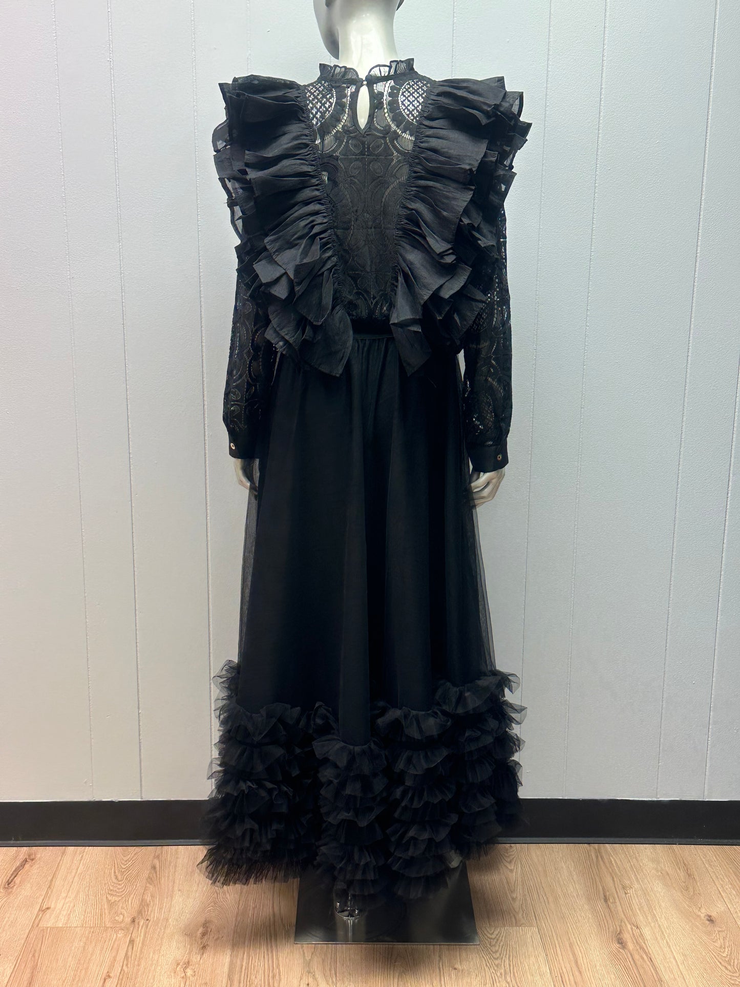 Midnight Romance Black Tiered Ruffle Embroidered Lace Top & Skirt Set