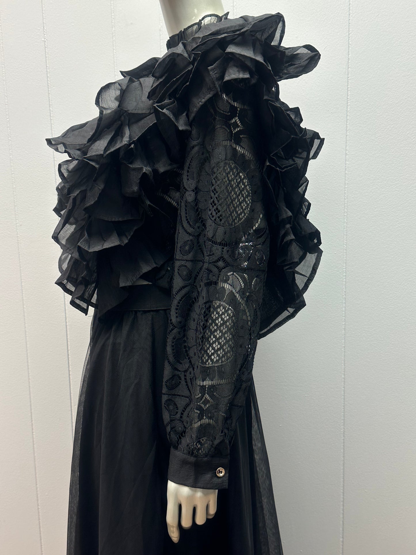 Midnight Romance Black Tiered Ruffle Embroidered Lace Top & Skirt Set