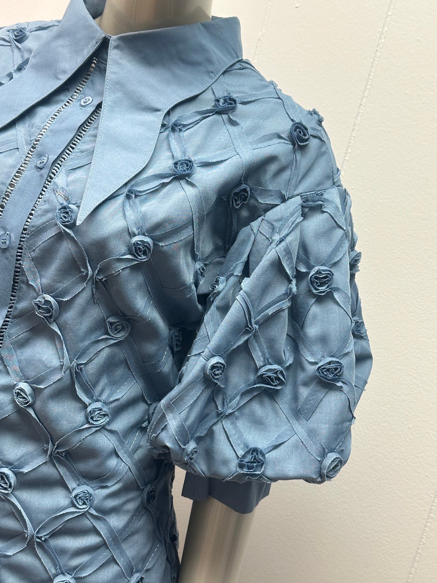 Rose Bud Blue Puff Sleeves Pointed Collar Blouse