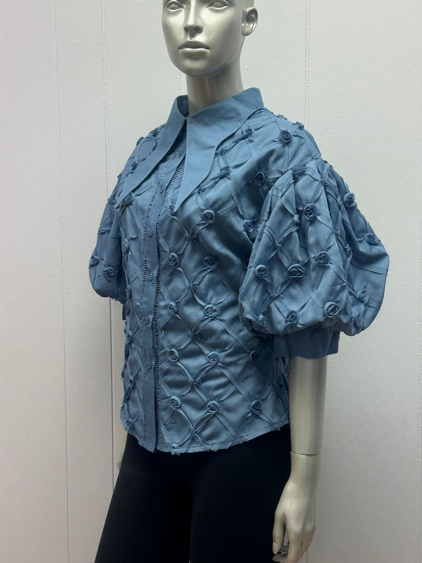 Rose Bud Blue Puff Sleeves Pointed Collar Blouse