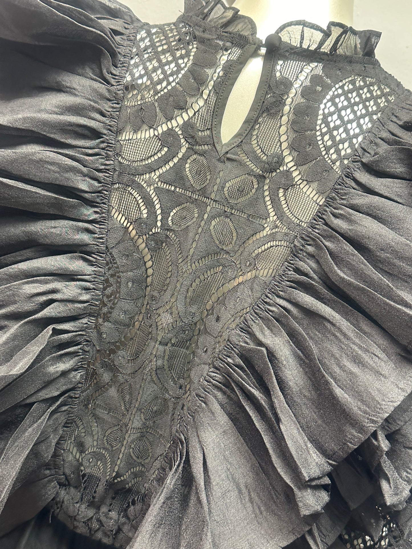 Midnight Romance Black Tiered Ruffle Embroidered Lace Top & Skirt Set