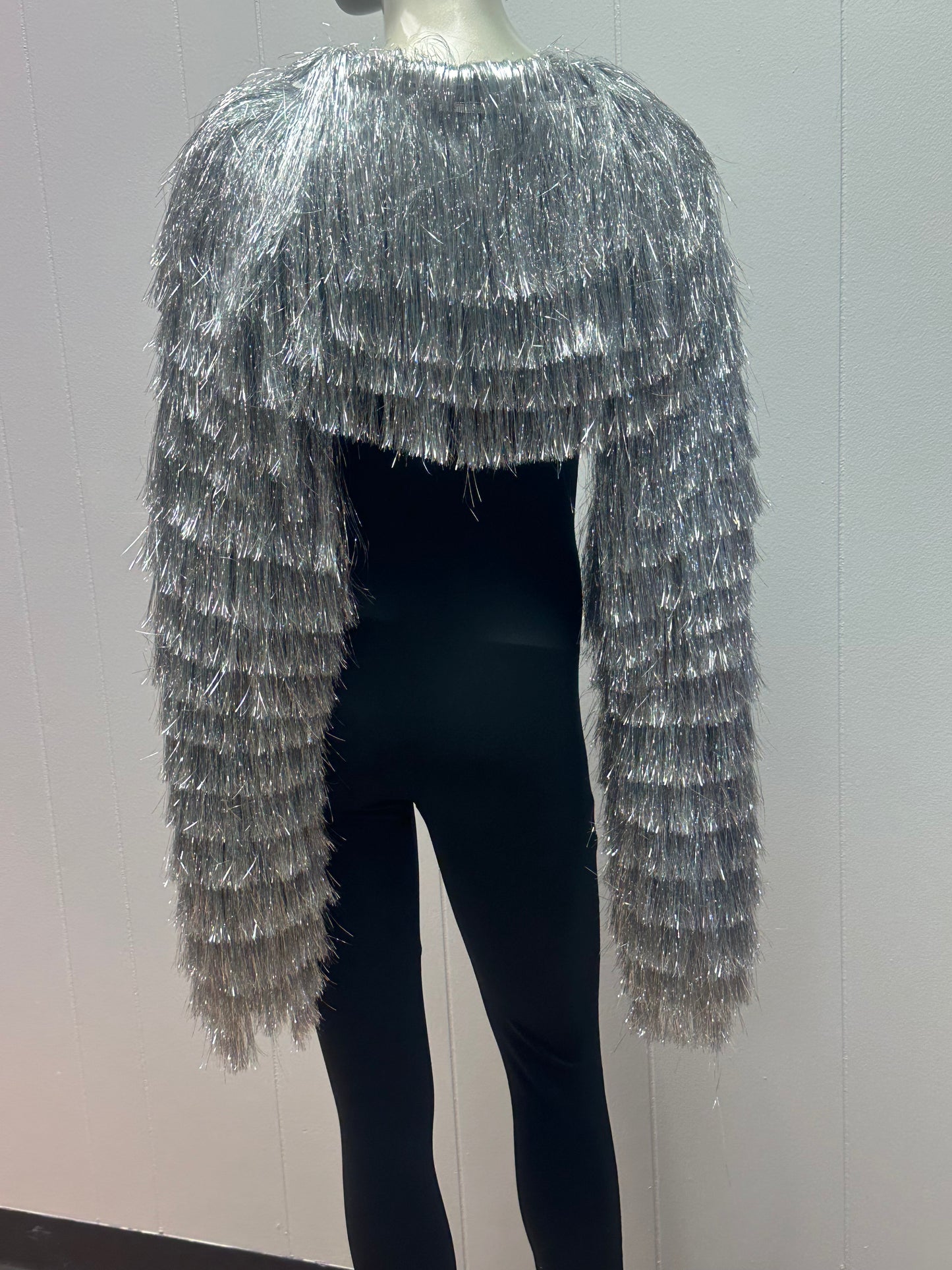 Meet Me Silver Metallic Tinsel Fringe Bolero Jacket