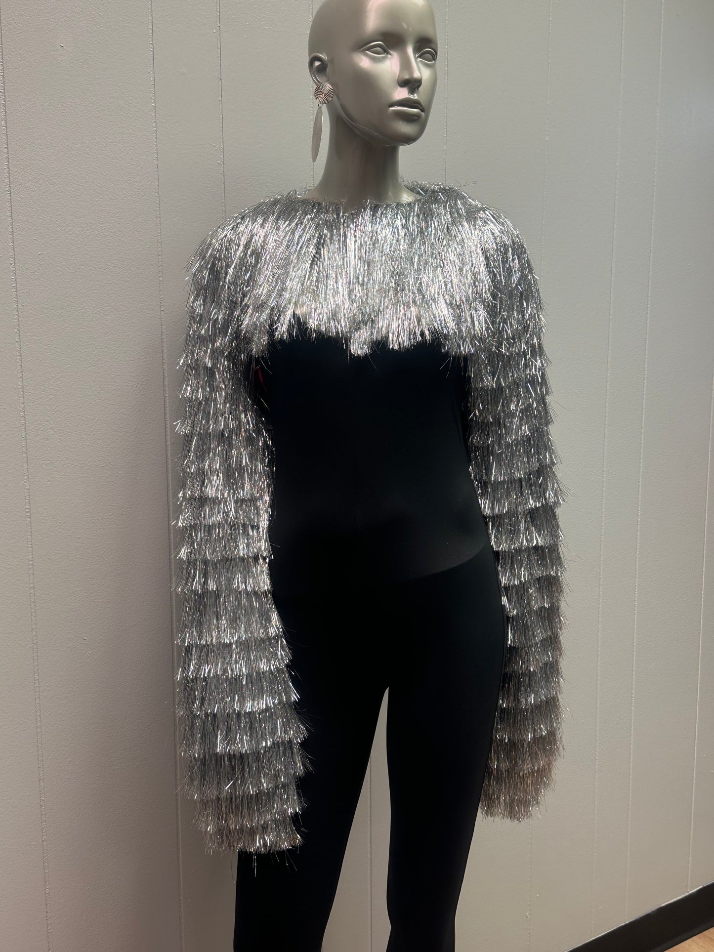 Meet Me Silver Metallic Tinsel Fringe Bolero Jacket