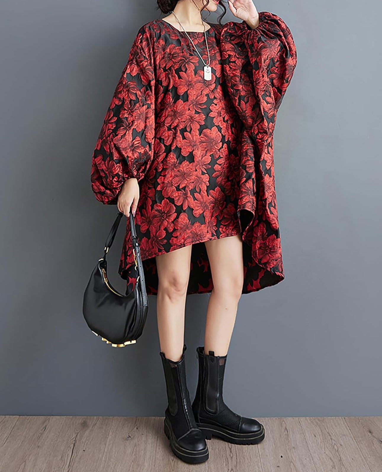 Drama Lantern Sleeve Dress Red Flowers