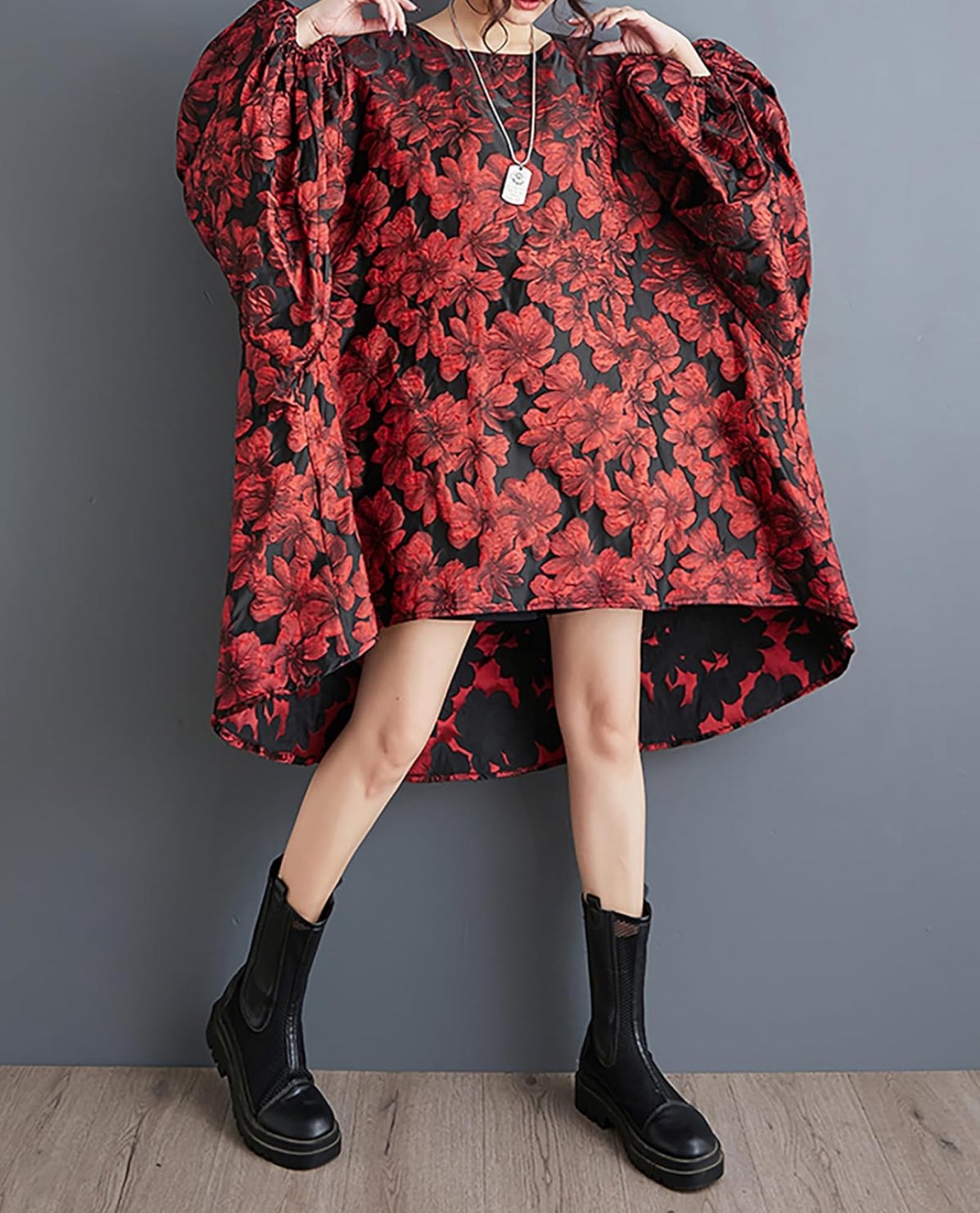 Drama Lantern Sleeve Dress Red Flowers