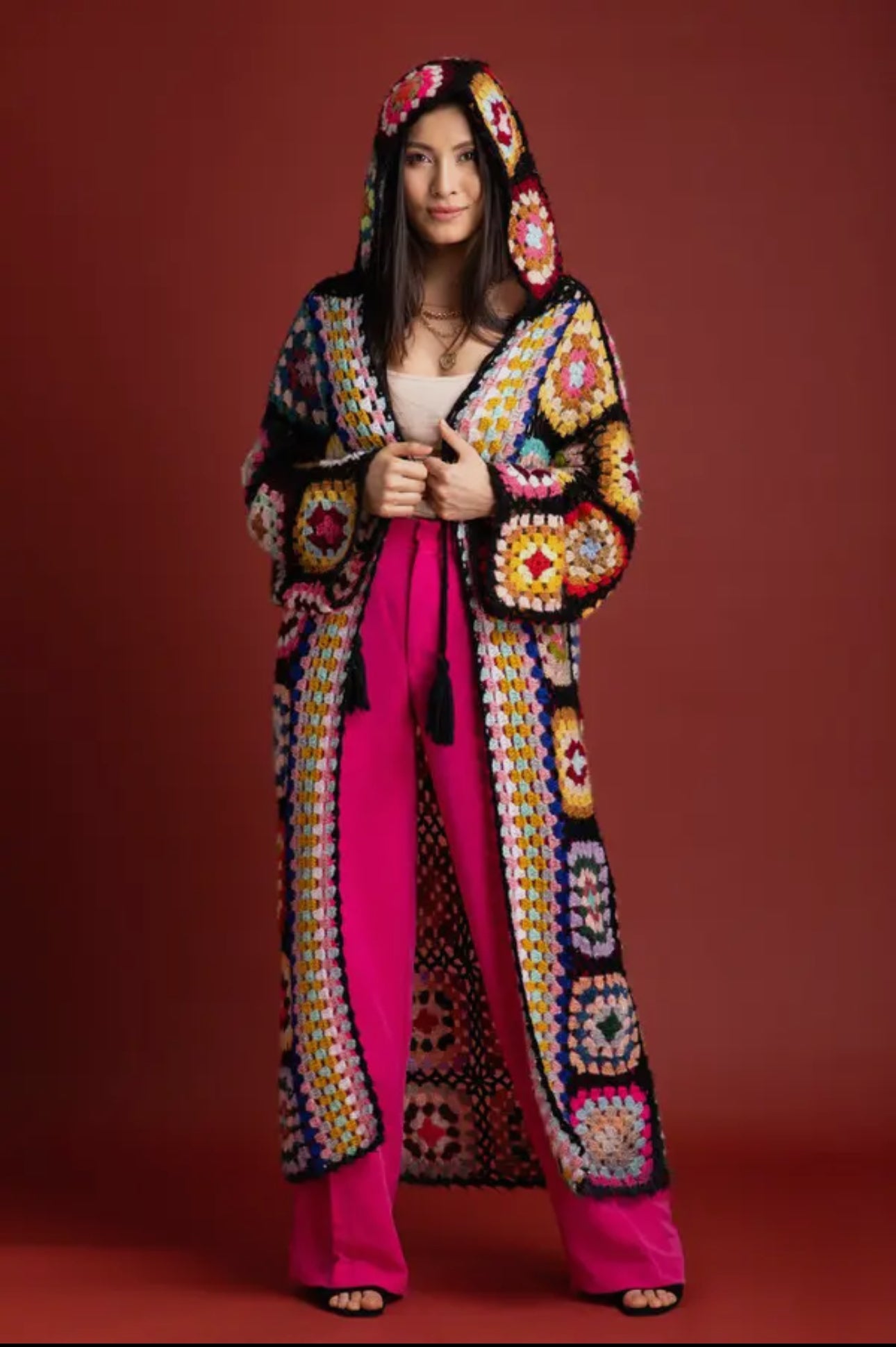Joanna Black Hooded Granny Square Crochet Kimono