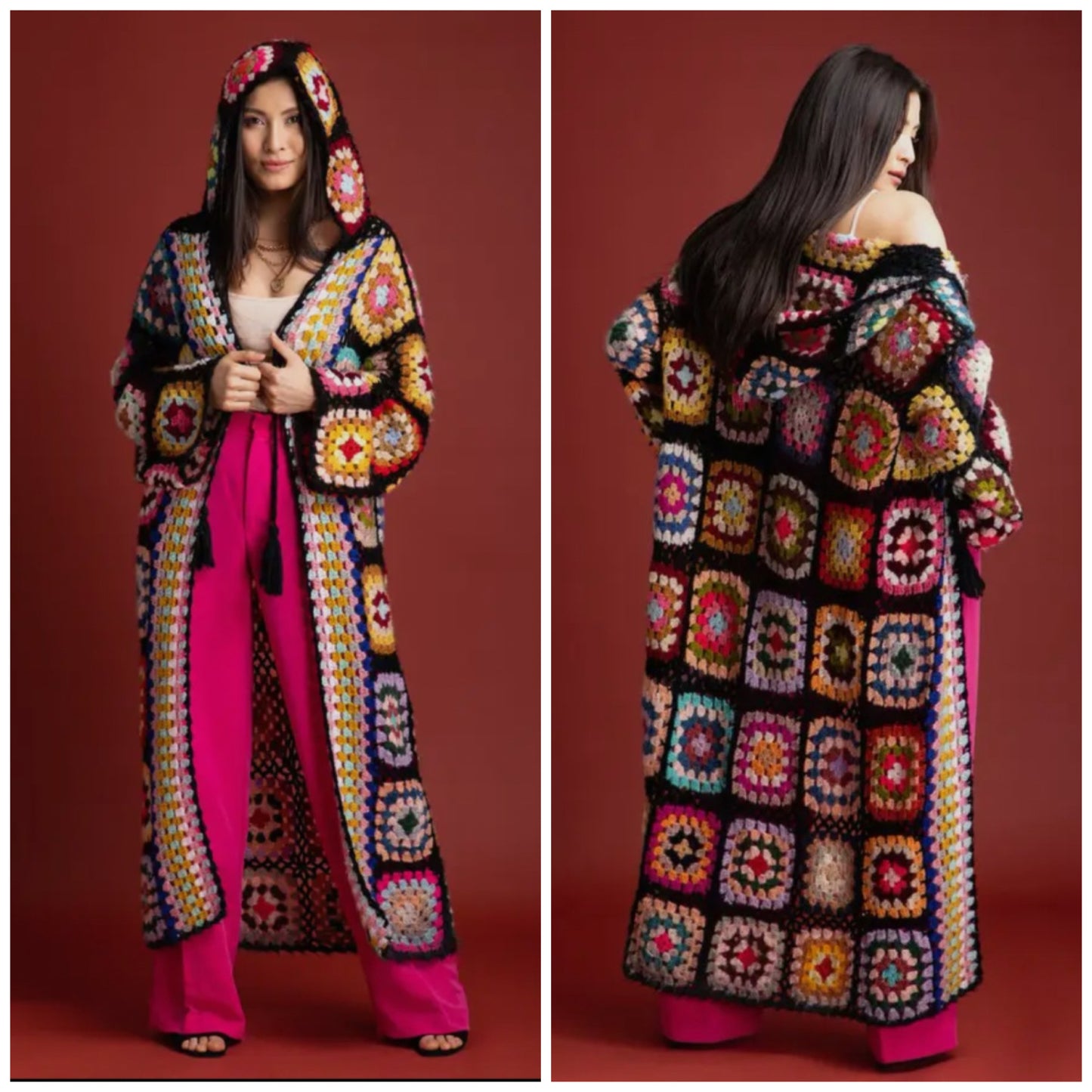 Joanna Black Hooded Granny Square Crochet Kimono
