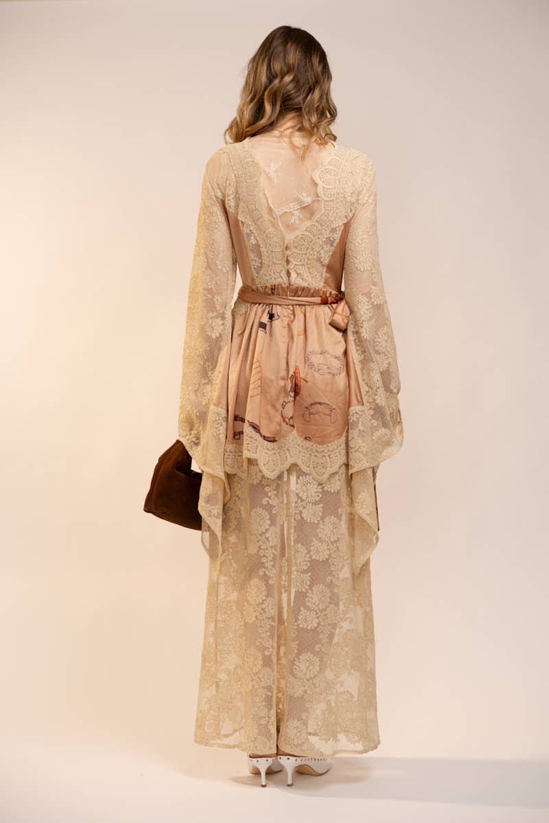 47043D Sheer Lace Kimono Sleeve Maxi Dress