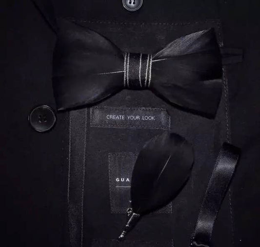 Hand Made Natural Bird Feather Black Exquisite Bow Tie 