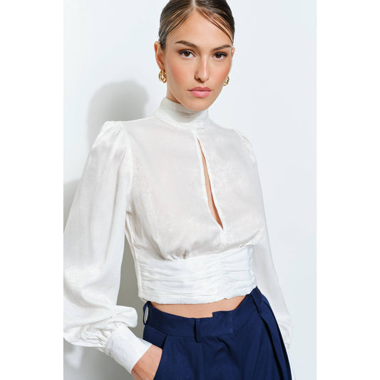 High Neck Satin Blouse with Open Back Tie