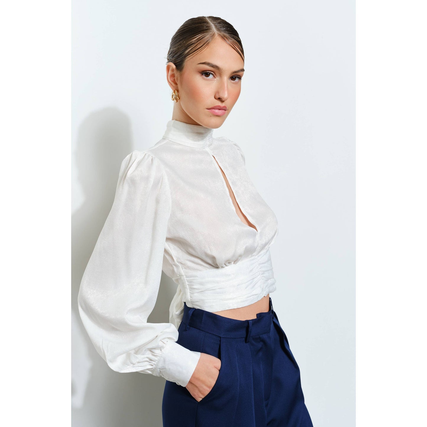High Neck Satin Blouse with Open Back Tie