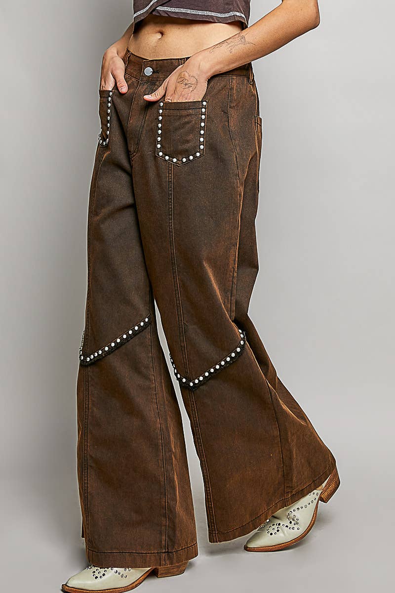 Vintage Wash Solid Back Elastic Band High Rise Wide Pants