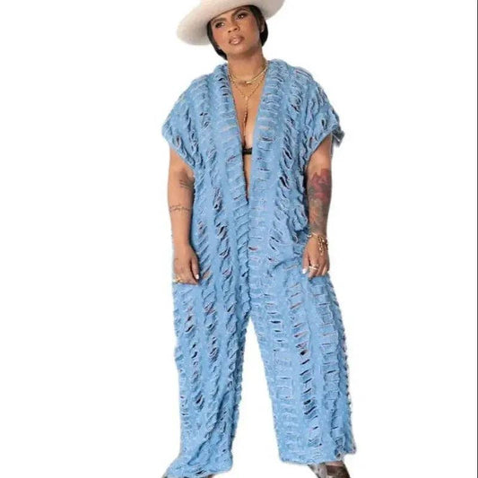 Plus Size Denim Distress Jumpsuit