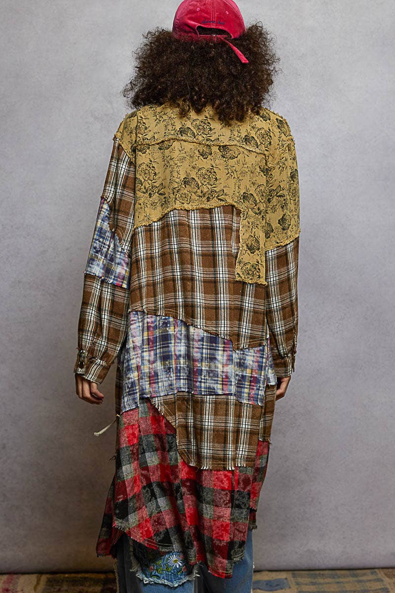 Long Sleeve Plaid Woven Varied Patchwork Maxi Shirt Jacket