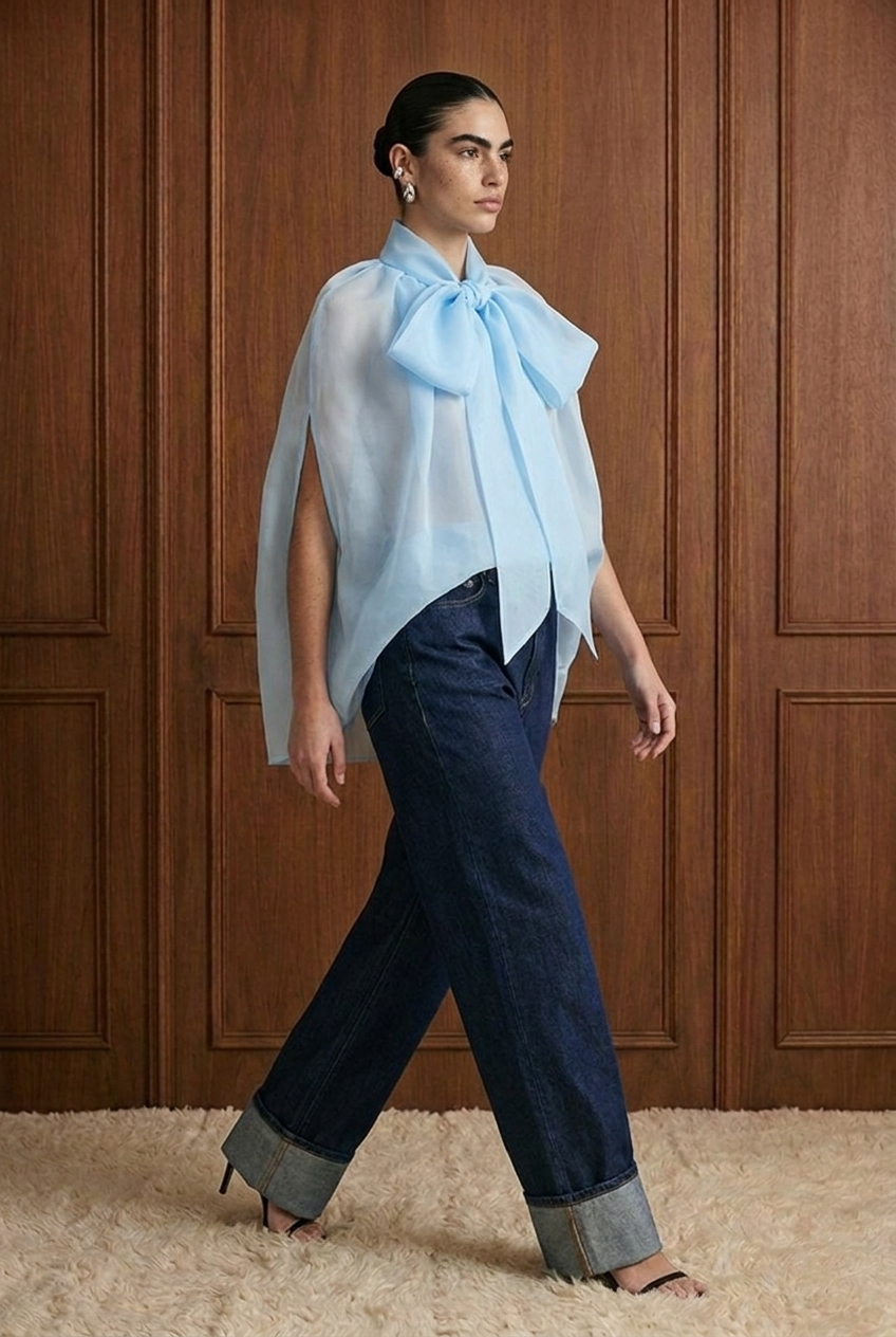 Oversized Sheer Tie-Neck Cape Blouse