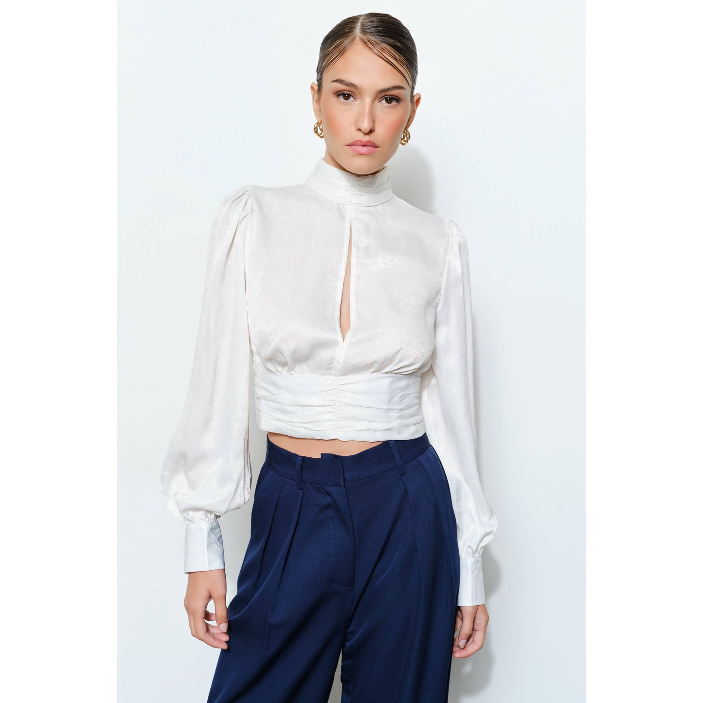 High Neck Satin Blouse with Open Back Tie