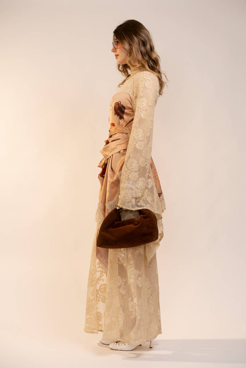 47043D Sheer Lace Kimono Sleeve Maxi Dress