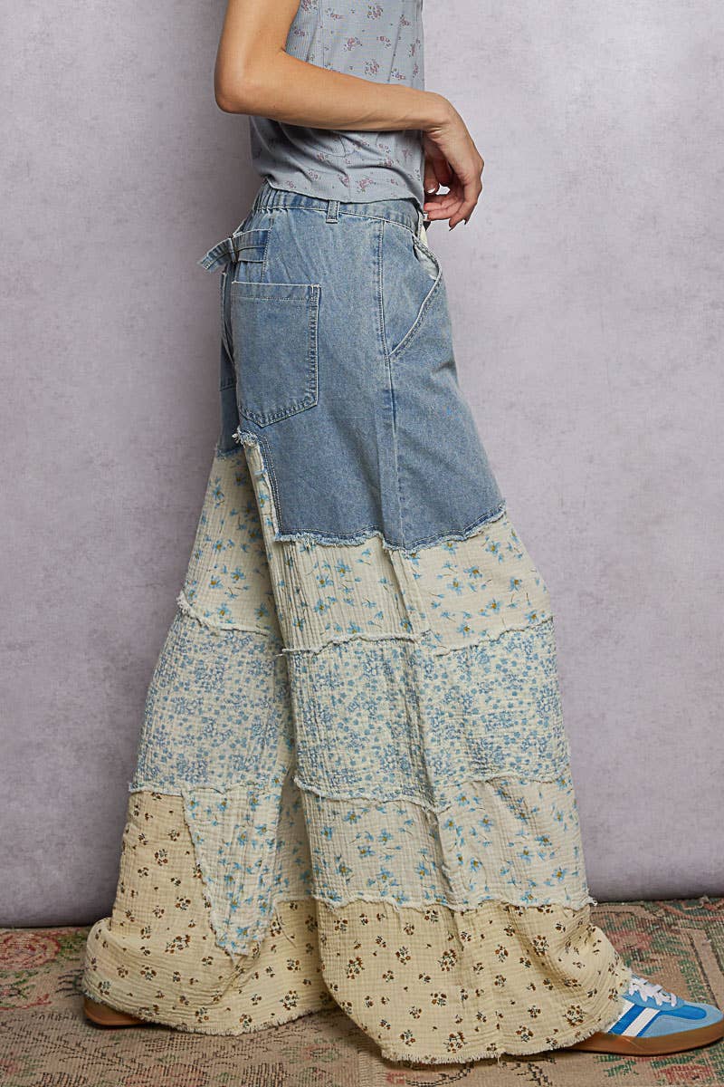 Varied asymmetrical patchwork buckle back detail woven pants