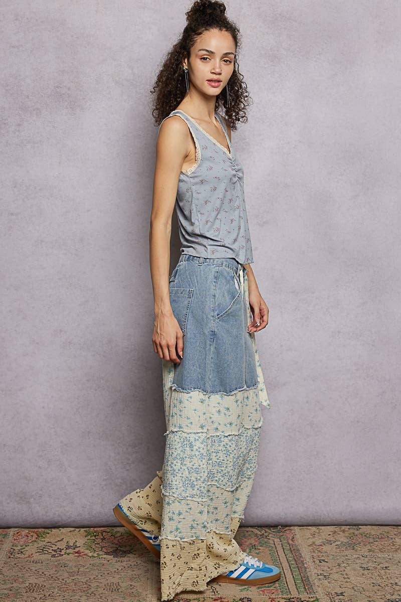 Varied asymmetrical patchwork buckle back detail woven pants