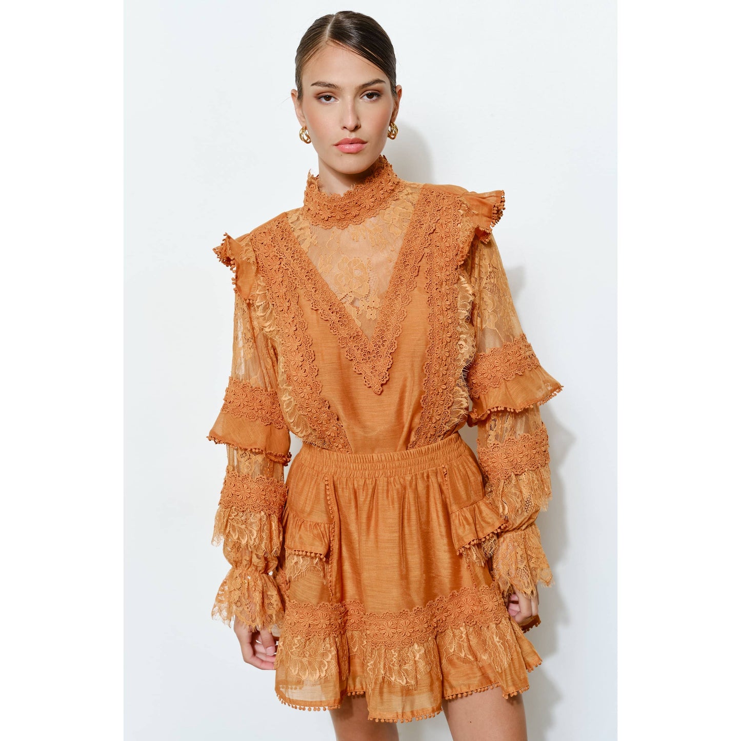 Floral Lace High-Neck Ruffle Sleeve Blouse