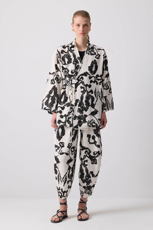 LINEN TEXTURED PATTERNED KIMONO PANTS SET