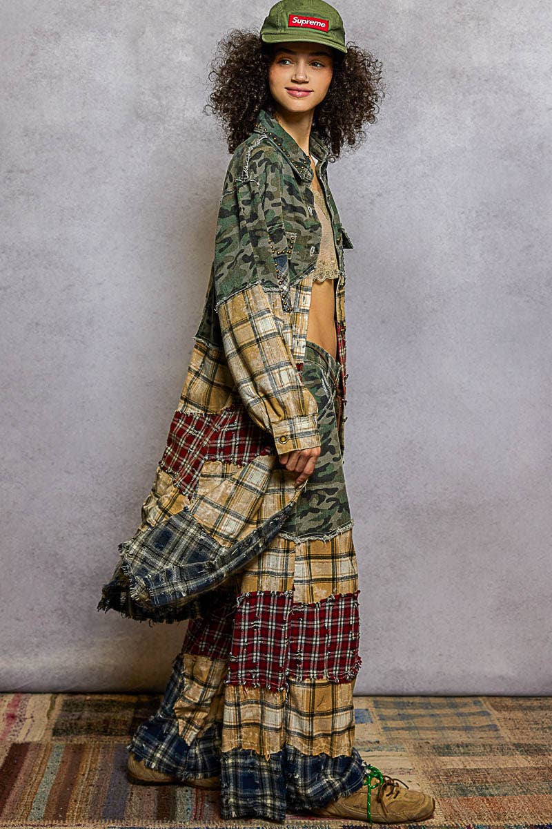 Long Sleeve Plaid Woven Varied Patchwork Maxi Shirt Jacket