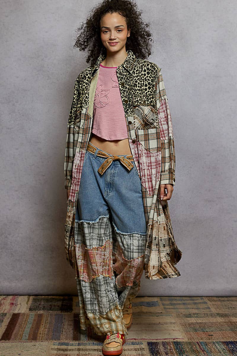 Long Sleeve Plaid Woven Varied Patchwork Maxi Shirt Jacket