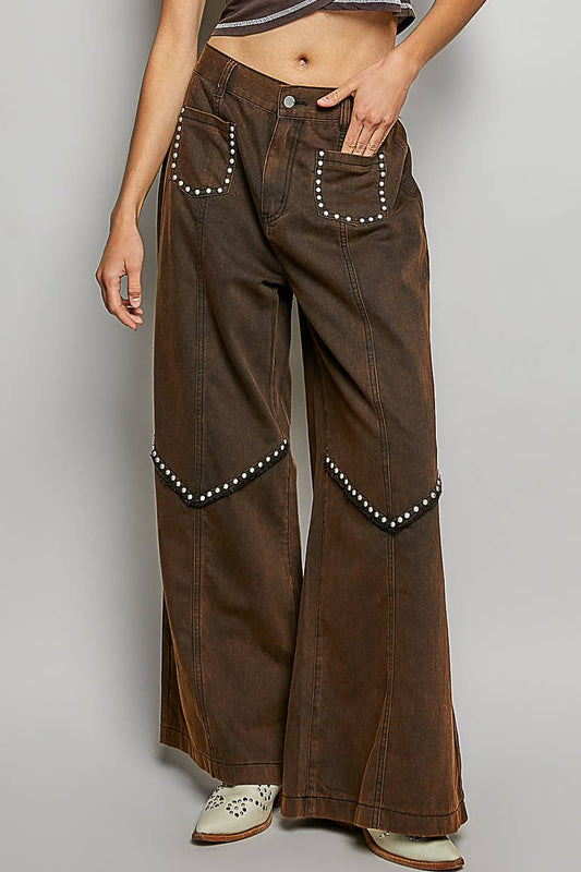 Vintage Wash Solid Back Elastic Band High Rise Wide Pants