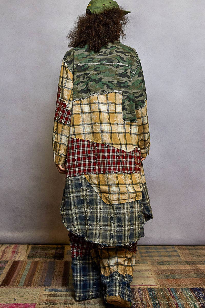 Long Sleeve Plaid Woven Varied Patchwork Maxi Shirt Jacket