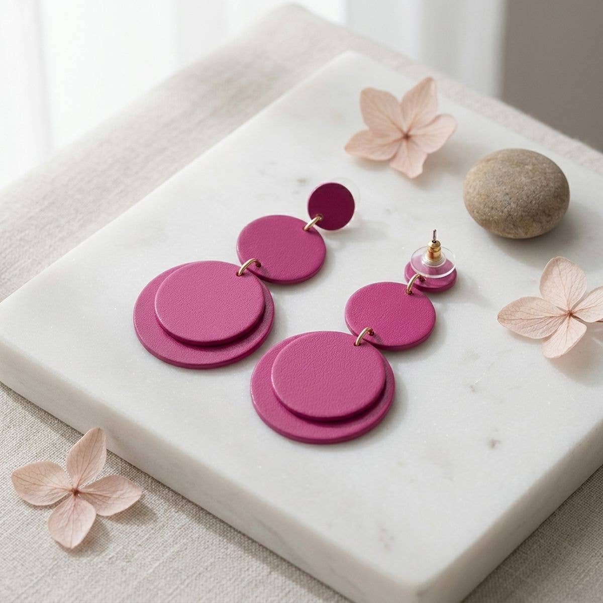Dangle Pink Mirror Triple Disc Drop Earrings
