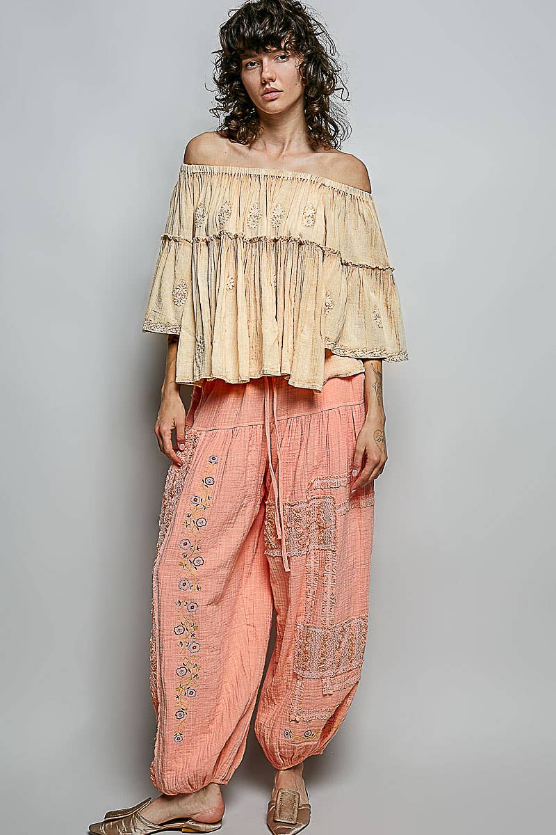 Off Shoulder Bell Sleeves Floral Embroidery Cotton Top