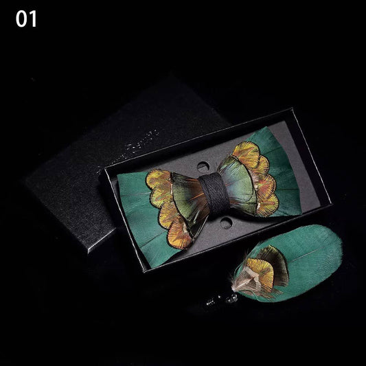 Handmade Green Feather Bow Tie W/free Lapel Pin Set