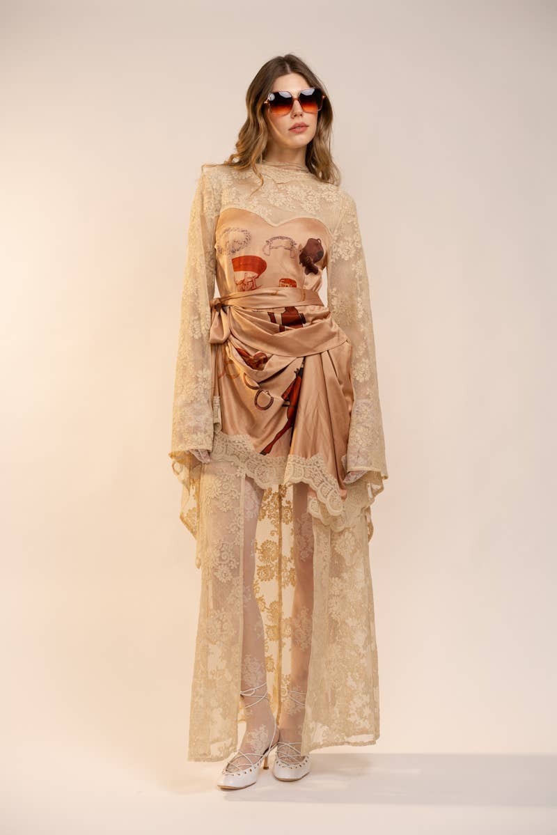47043D Sheer Lace Kimono Sleeve Maxi Dress
