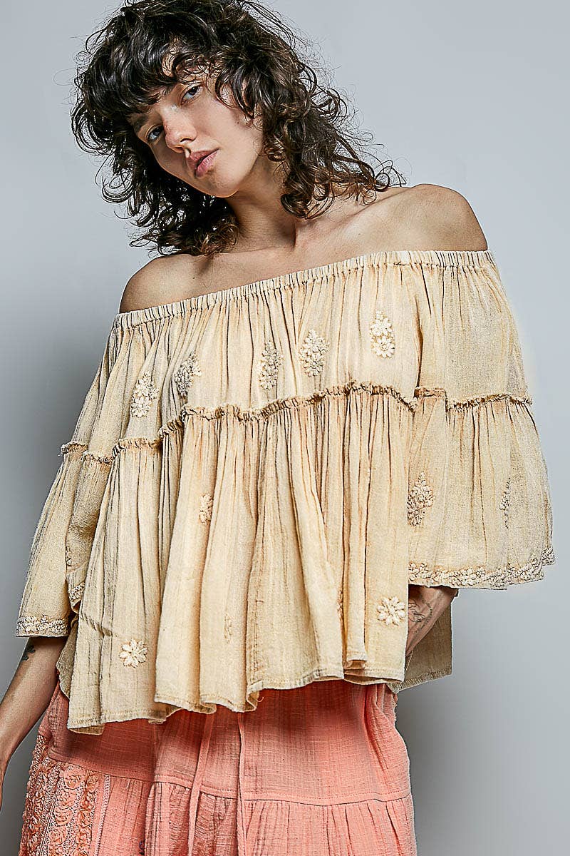 Off Shoulder Bell Sleeves Floral Embroidery Cotton Top